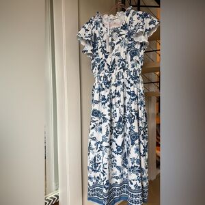 Grace Karin NWT White and Navy Floral Smocked Waist Dress